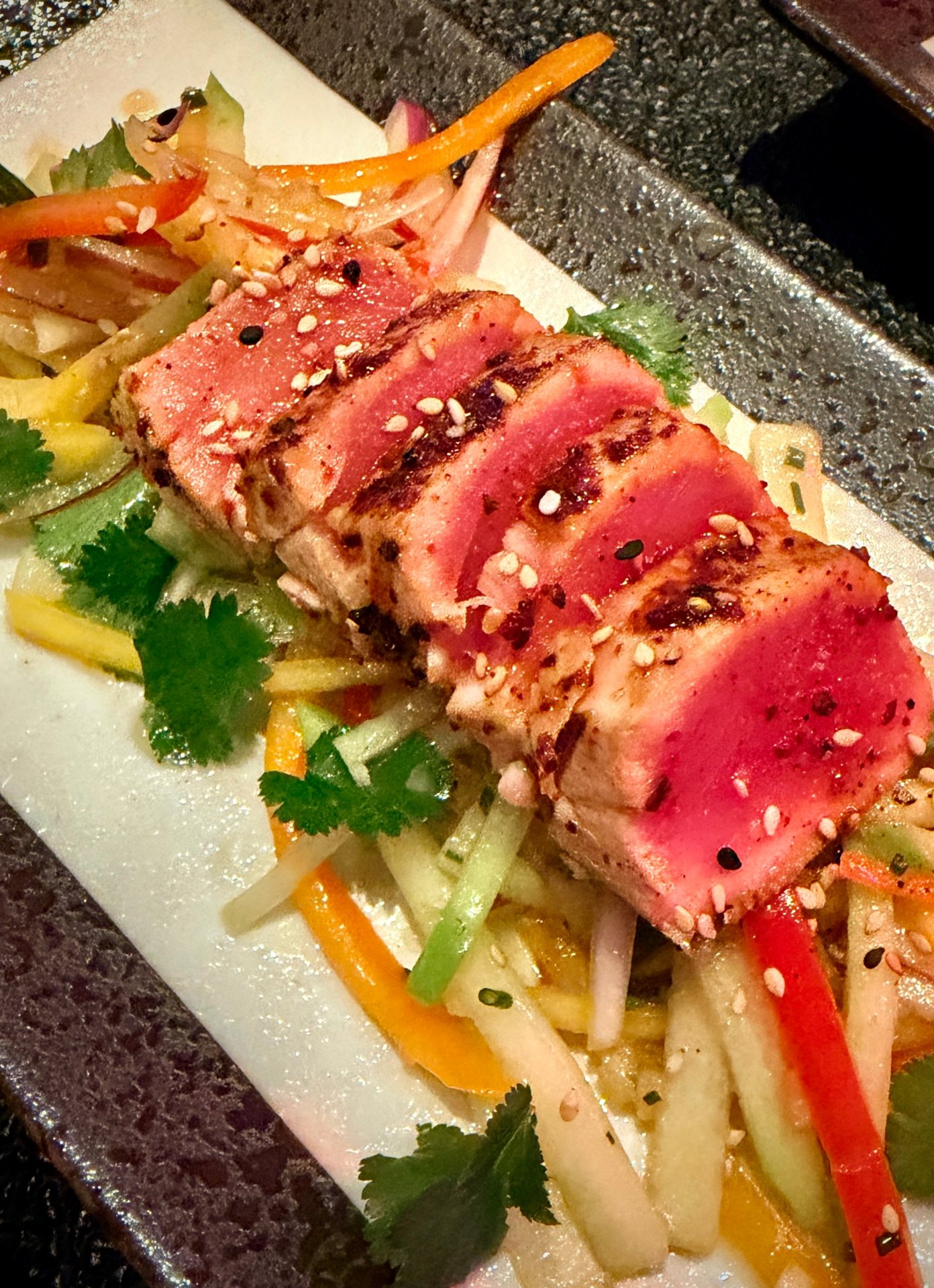Tuna Tataki Salad with Mango Cucumber Slaw, Dallas catering by Chef Kent Rathbun